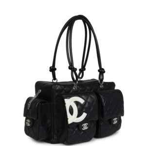 Chanel Vintage Large Cambon Ligne Reporter Bag Black and White Lambskin Silver Hardware